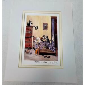 Frank Coble Pencil Signed Cat Humor Art Print. "Time to Get Up"  Arzy. Cat Lover